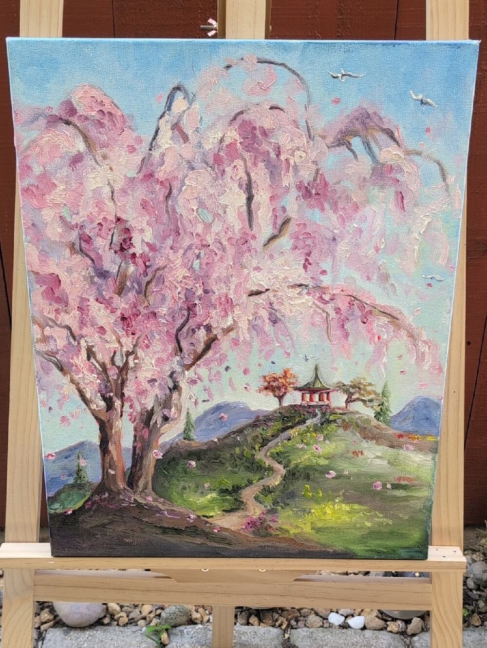Handmade Cherry Blossom Landscape Textured Painting 16×20 Deep Edge